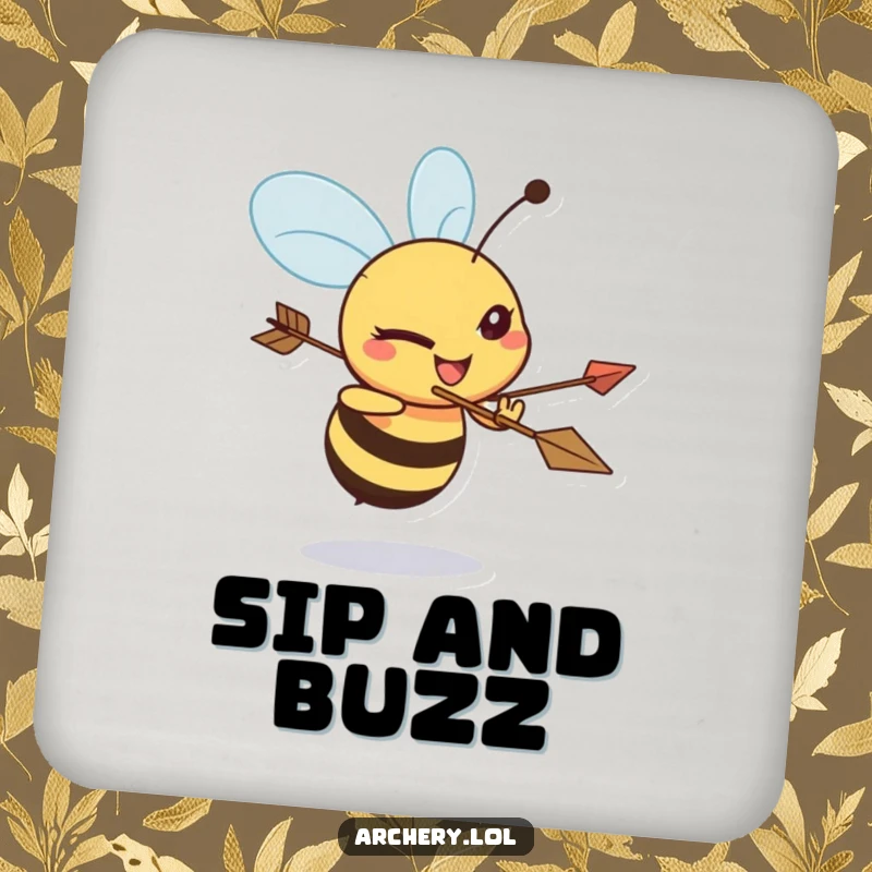 Funny Bee Archer Drink Coasters: A determined bee aims a bow and arrow, protecting your surfaces with humor.