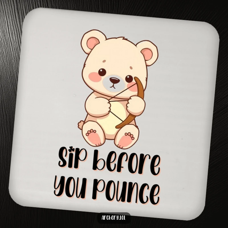 Funny bear cub archer coaster featuring a focused cub holding a large bow, protecting surfaces with humor.