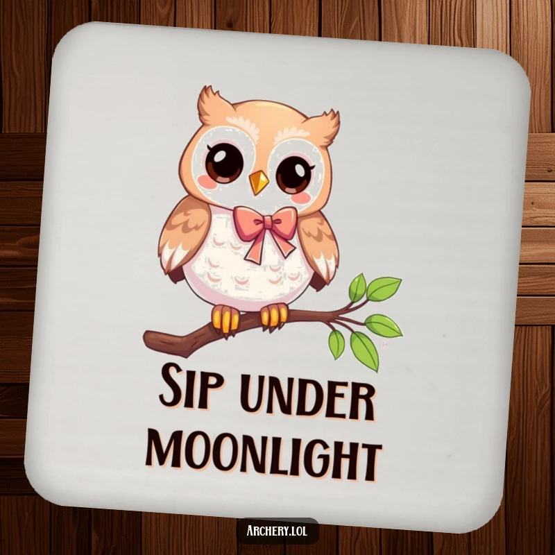 Funny drink coaster featuring a playful owl on a branch with a bow, protecting surfaces with wise, humorous archery flair.