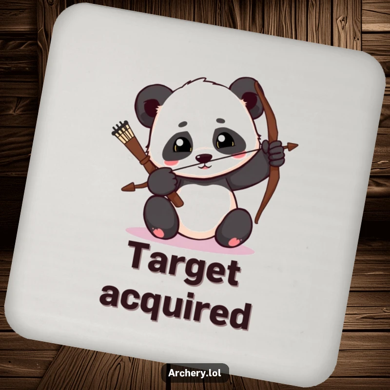 Funny Panda Archer Coaster: A decorative coaster featuring a determined panda drawing its bow, offering surface protection.