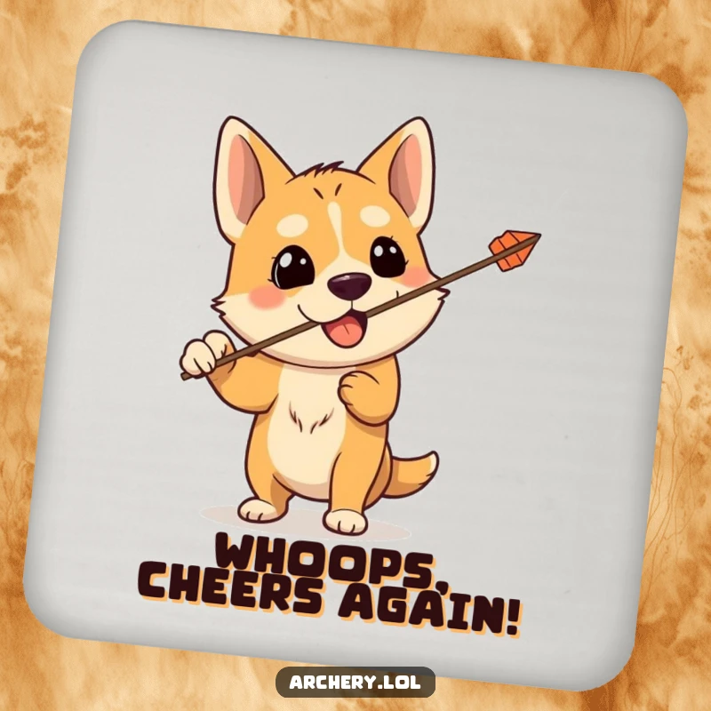 Funny drink coaster illustrating a silly dog with a bow, the arrow accidentally shot upwards, protecting surfaces with humorous pet flair.