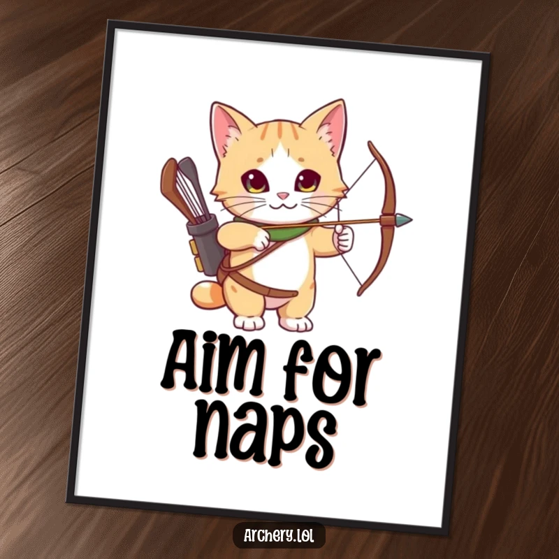 Funny Poster: A curious cat equipped with an archery quiver, looking ready and focused for a challenge.
