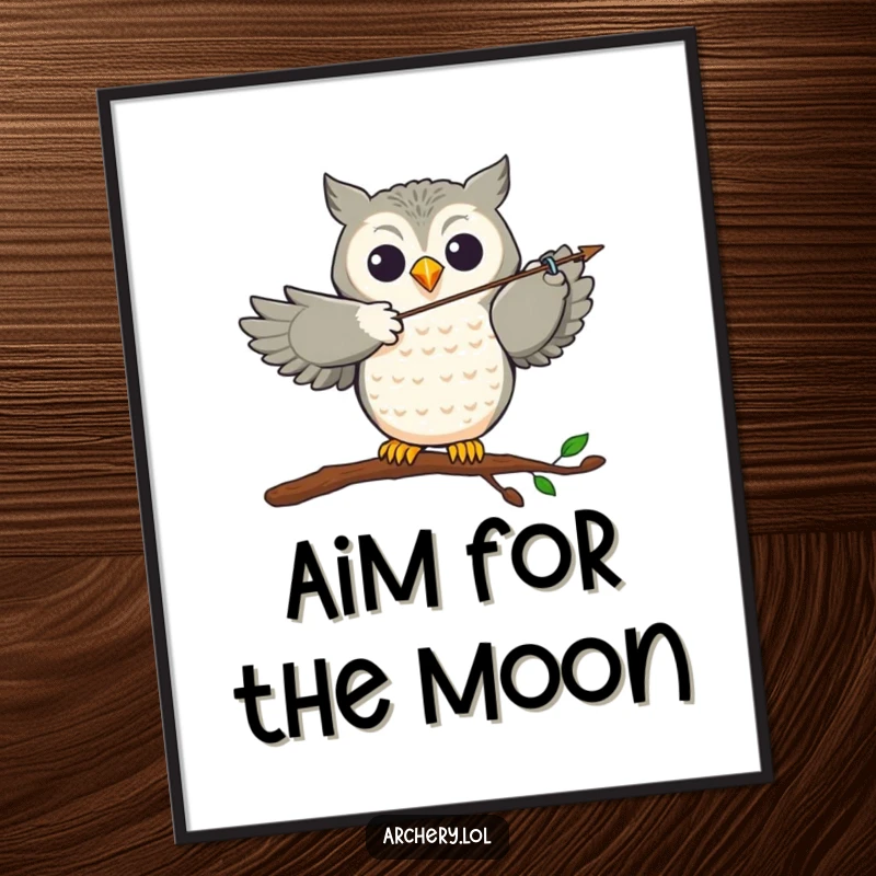 Funny Poster: A joyful owl perched, accurately aiming an arrow, showcasing its impressive archery skills in a dynamic pose.