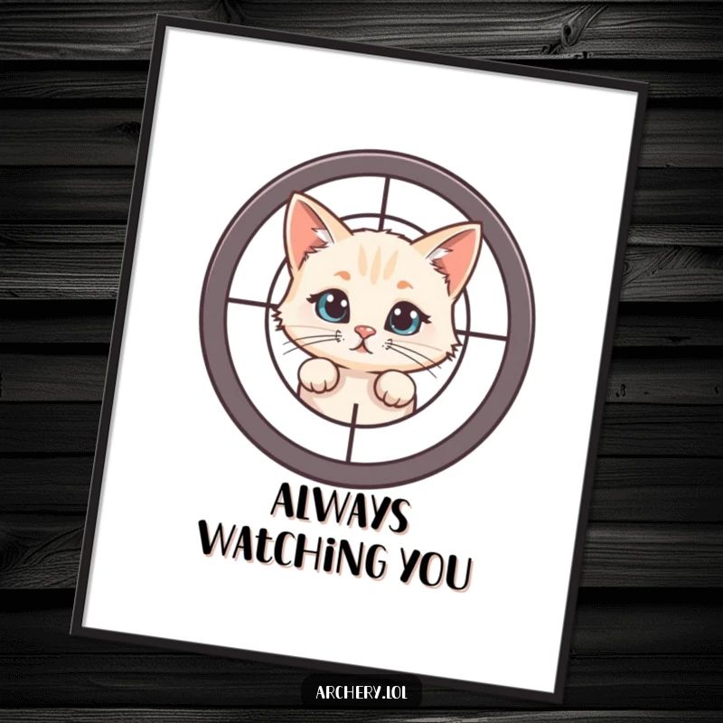 Funny Curious Cat Poster: A curious cat peeks from behind a target, offering intriguing and humorous wall art.