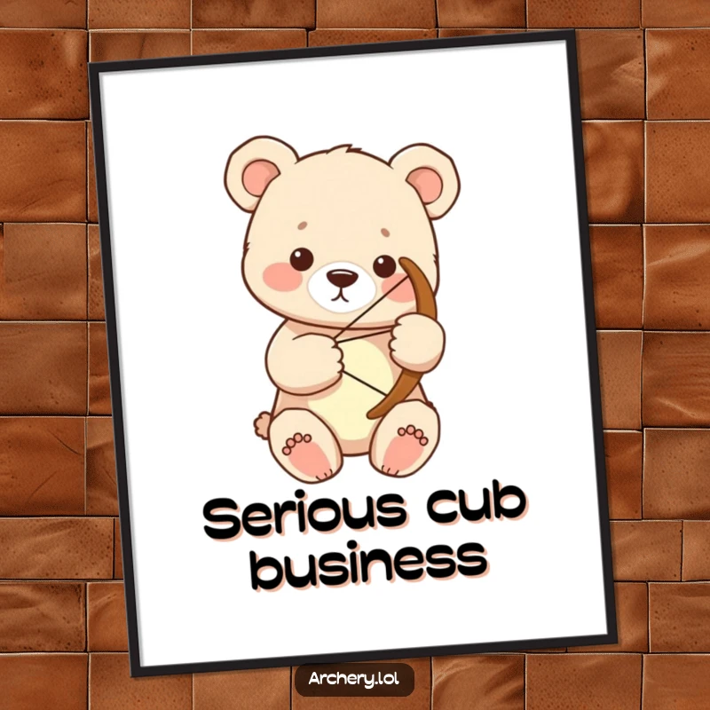 Funny bear cub archer poster showing a focused cub holding a large bow with both paws, perfect wall art.