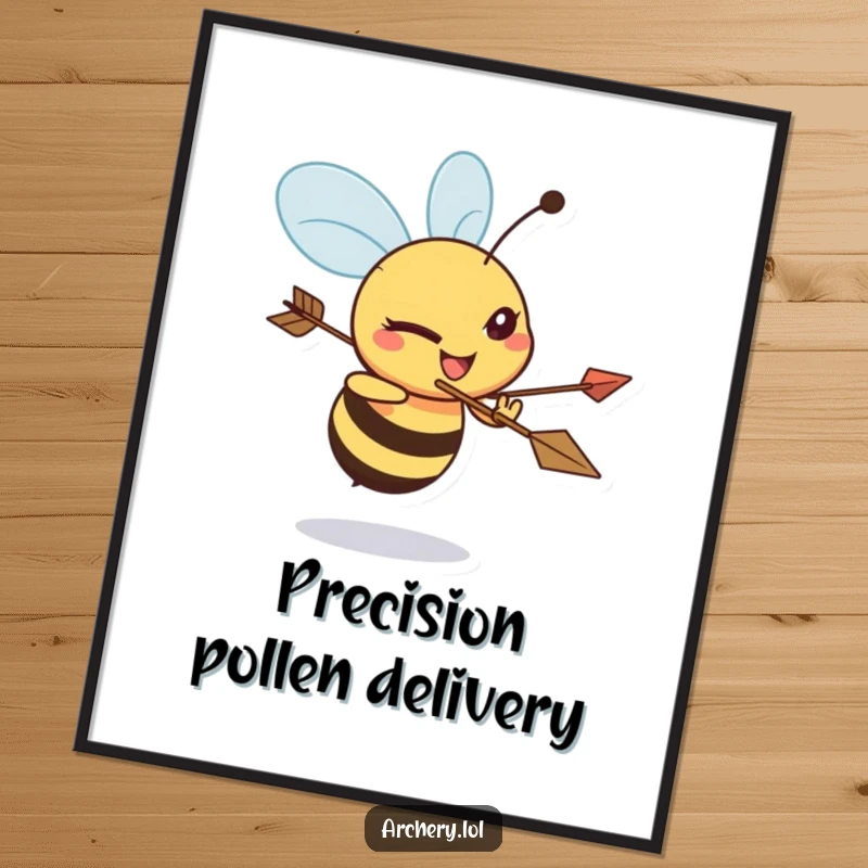 Funny Bee Archer Poster: A happy, determined bee is captured mid-aim with a bow and arrow, perfect for wall decor.