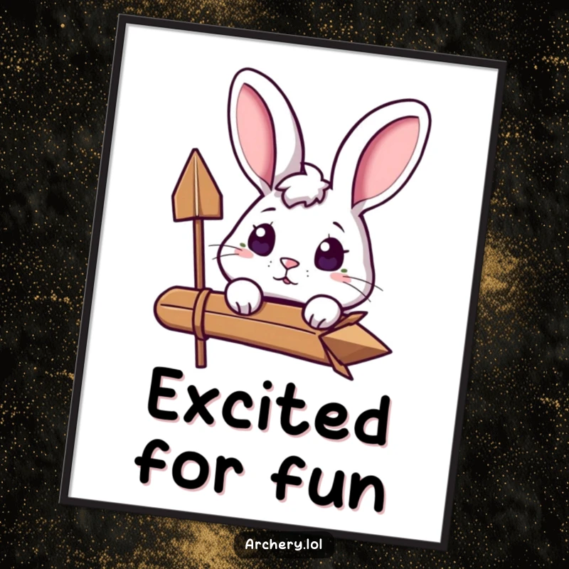 Funny Curious Rabbit Poster: An excited rabbit peeks over its arrow, conveying curiosity and anticipation in a whimsical art piece.