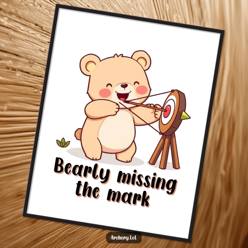 Funny happy bear poster, aiming an arrow at a target with a big smile, cheerful wall decor.