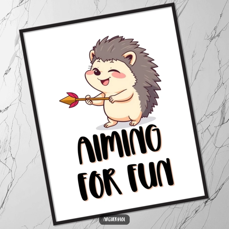 Funny poster art of a giggling hedgehog drawing back an arrow with playful intensity, adding a touch of whimsical humor to any wall.