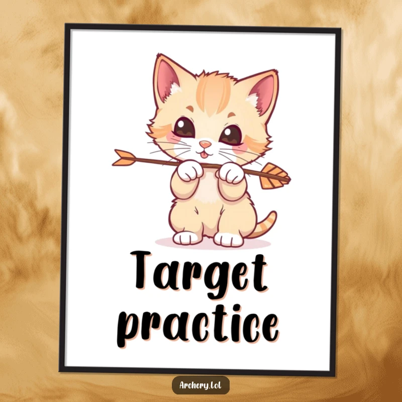Funny Kitten Archer Poster: A delightful wall art piece showing a playful kitten batting at an arrow with intense focus.