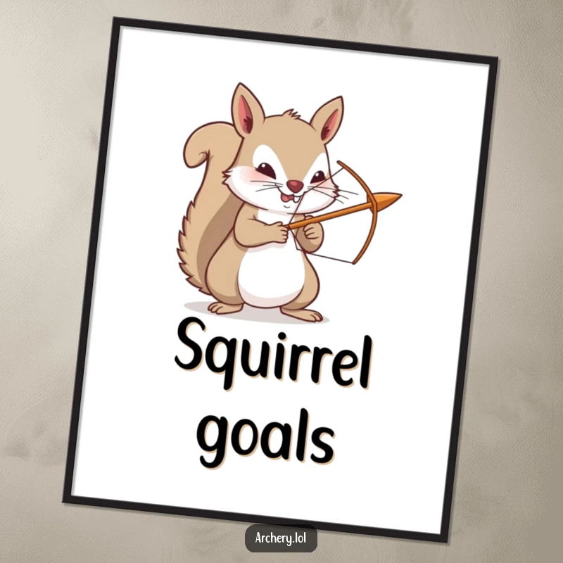 Funny squirrel poster, a determined woodland archer with a tiny bow and arrow, captured in a moment of intense focus.