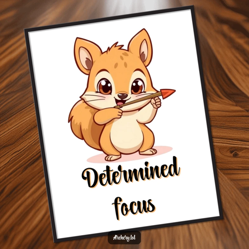 Funny squirrel archer poster depicting a happy squirrel aiming an arrow with wide, determined eyes, perfect for wall decor.