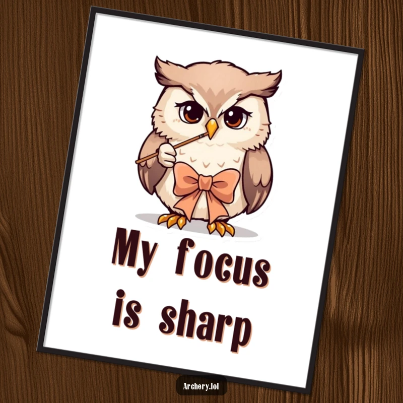 Funny owl archer poster showcasing an owl's incredible focus while drawing a bow, perfect wall art.