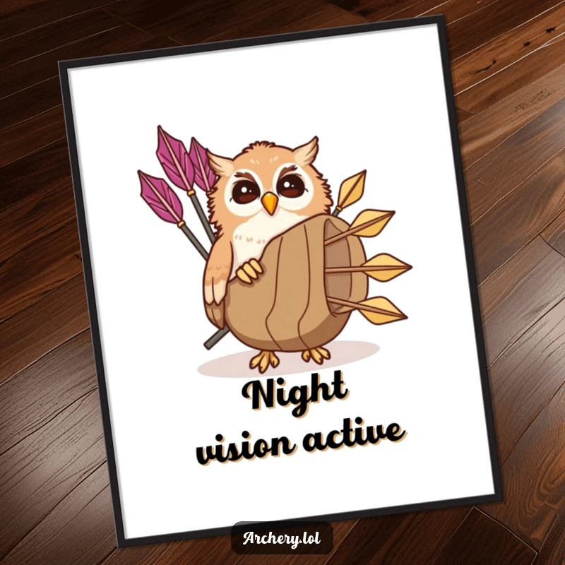 Funny giggling owl poster with a playful owl peeking from a quiver of arrows, humorous wall art and gift.