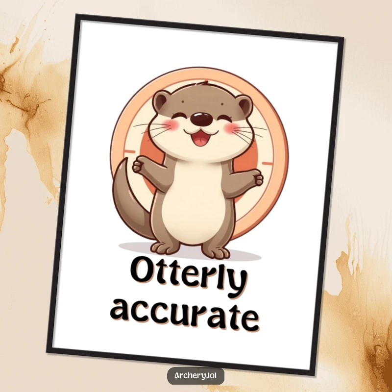 Funny otter poster, a proud and joyful otter stands beside a target, celebrating a successful aim with a happy demeanor.