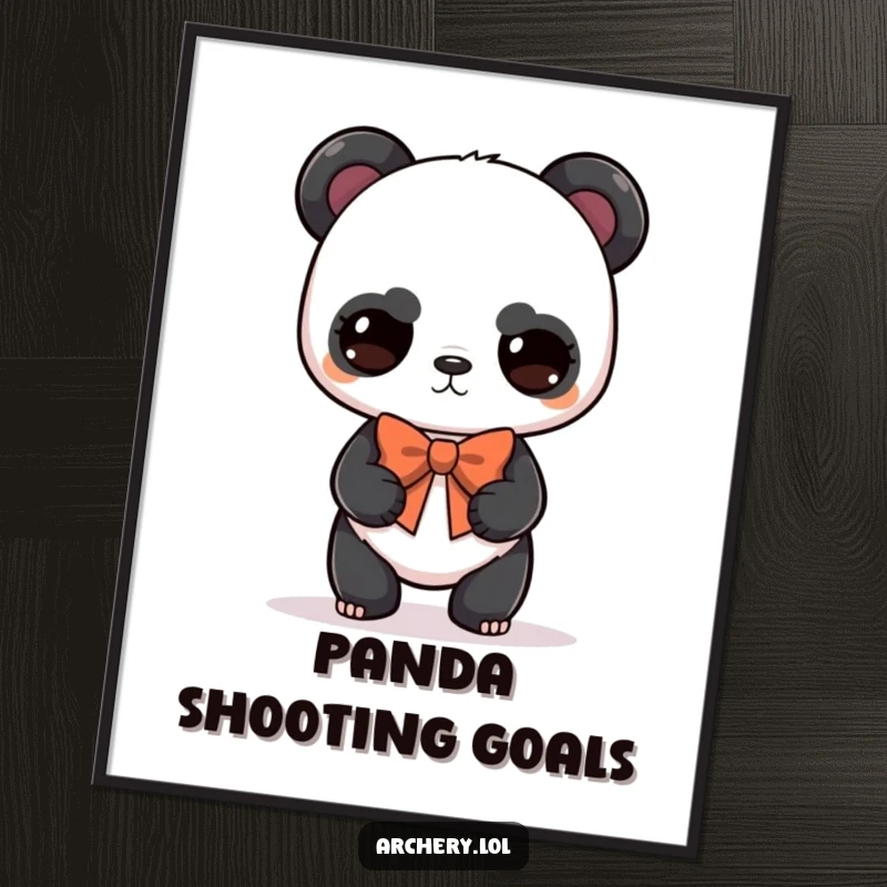 Funny panda archer poster of a serious but cute panda balancing a bow, humorous wall art and gift.