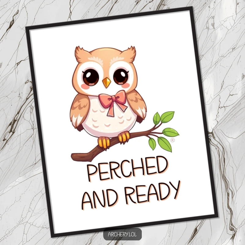 Funny poster art of a playful owl on a branch holding a bow and arrow, showcasing wise and humorous target practice for decor.