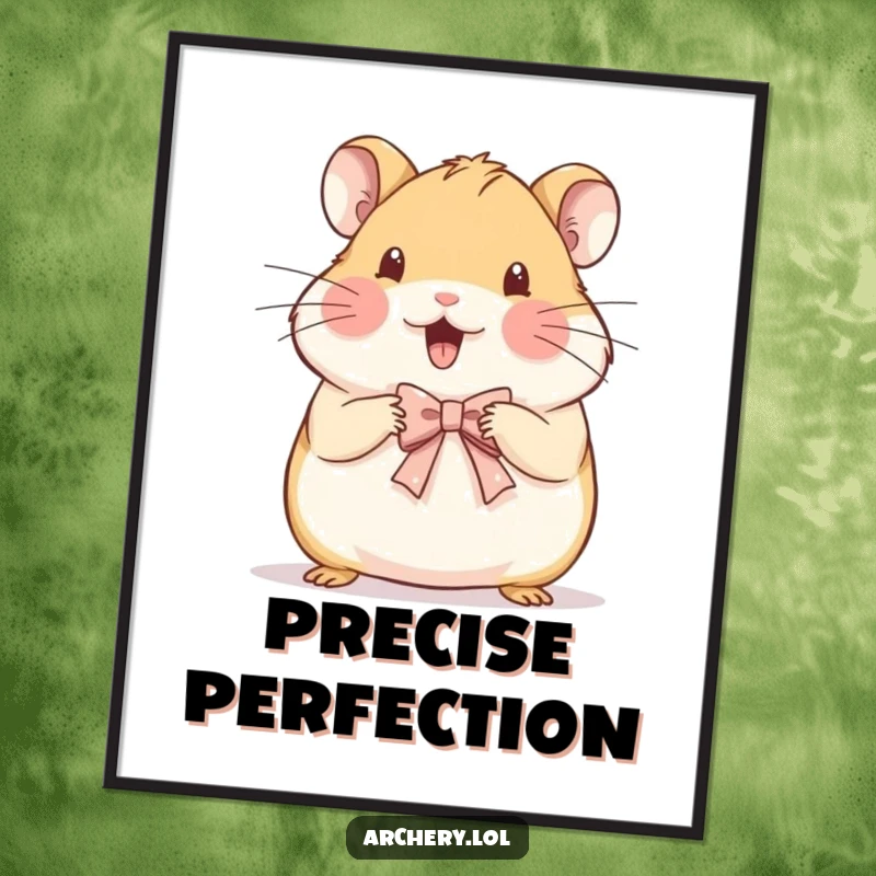 Funny poster of a beaming hamster focused on drawing a very small, intricate, and delicate bow.