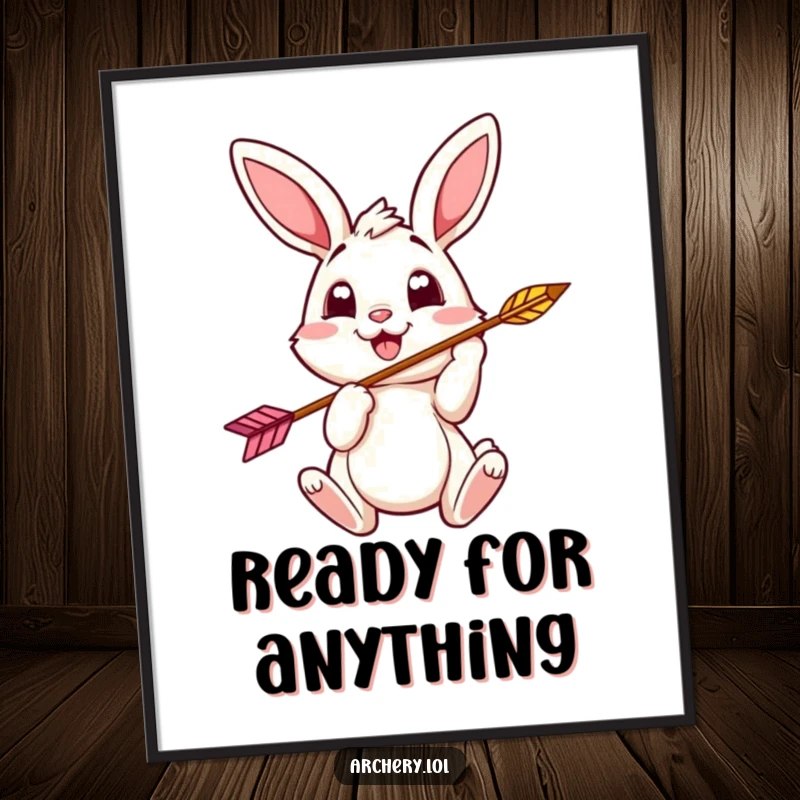 Funny bunny archer poster showcasing a cheerful bunny with eager eyes nocking an arrow, perfect wall decor.
