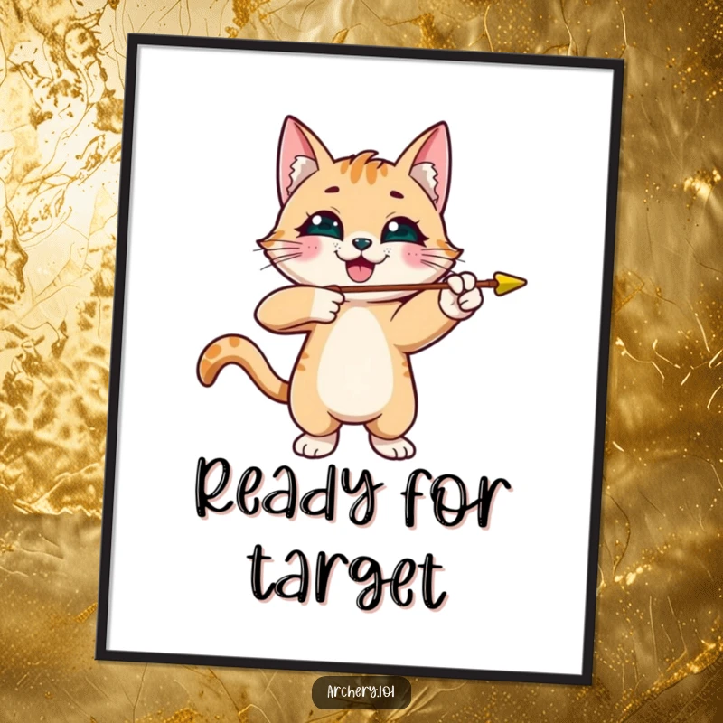 Funny cat archer poster print of a smiling cat playfully shooting an arrow, humorous wall decor and gift.