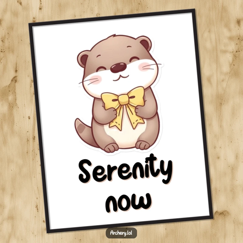 Funny poster art of a content otter holding a decorative bow, looking incredibly serene and peaceful.