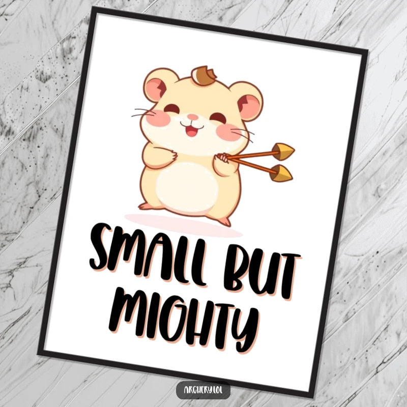 Funny hamster poster showing a happy hamster with a miniature arrow, artistic rendition of tiny archery action.