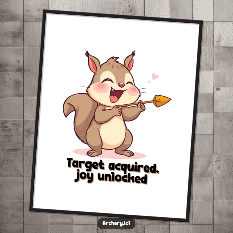 Funny poster artwork of a giggling squirrel excitedly releasing an arrow, capturing a moment of pure archery joy.