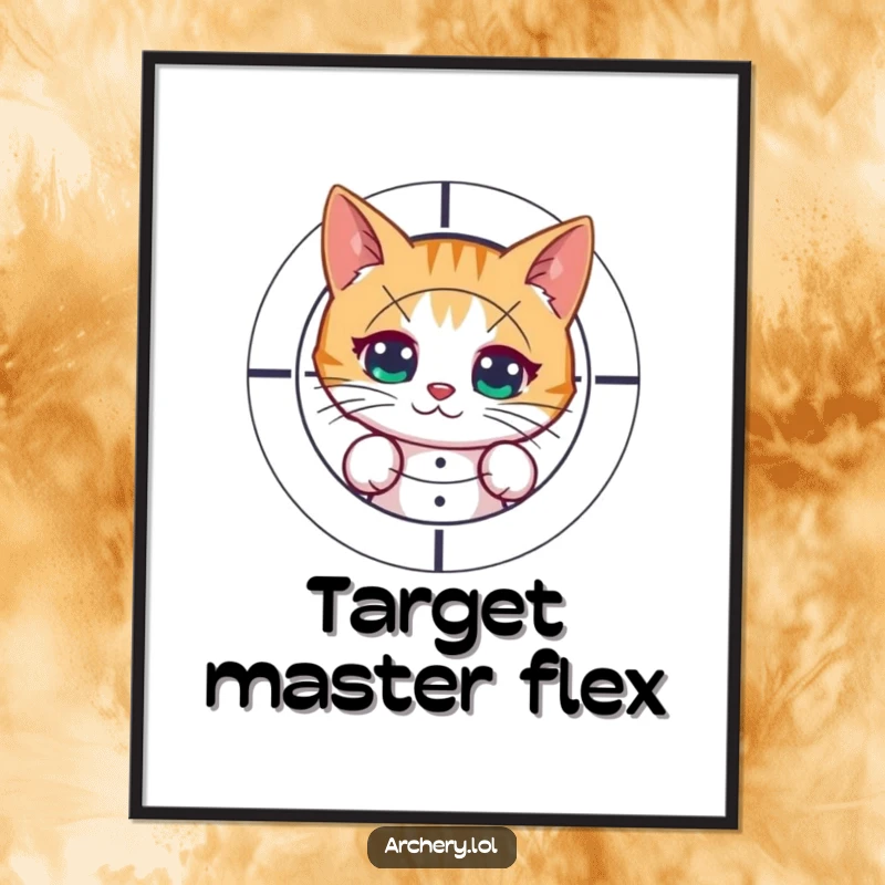 Funny poster featuring a curious cat peeking from behind a target after shooting. Humorous wall art for cat and archery fans.