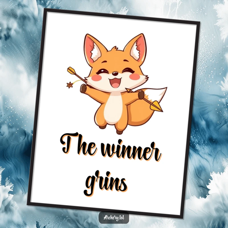 Funny fox archer poster showcasing a happy fox with a triumphant expression releasing an arrow, perfect wall art.