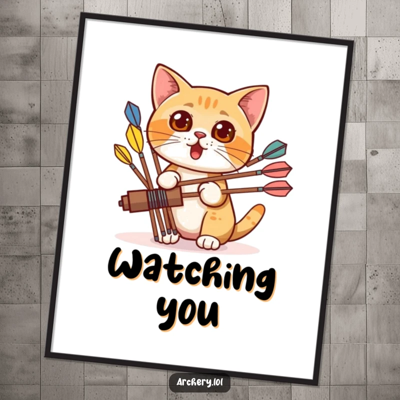 Funny poster art of a surprised cat peeking from behind colorful arrows, capturing a moment of wide-eyed wonder and feline charm.