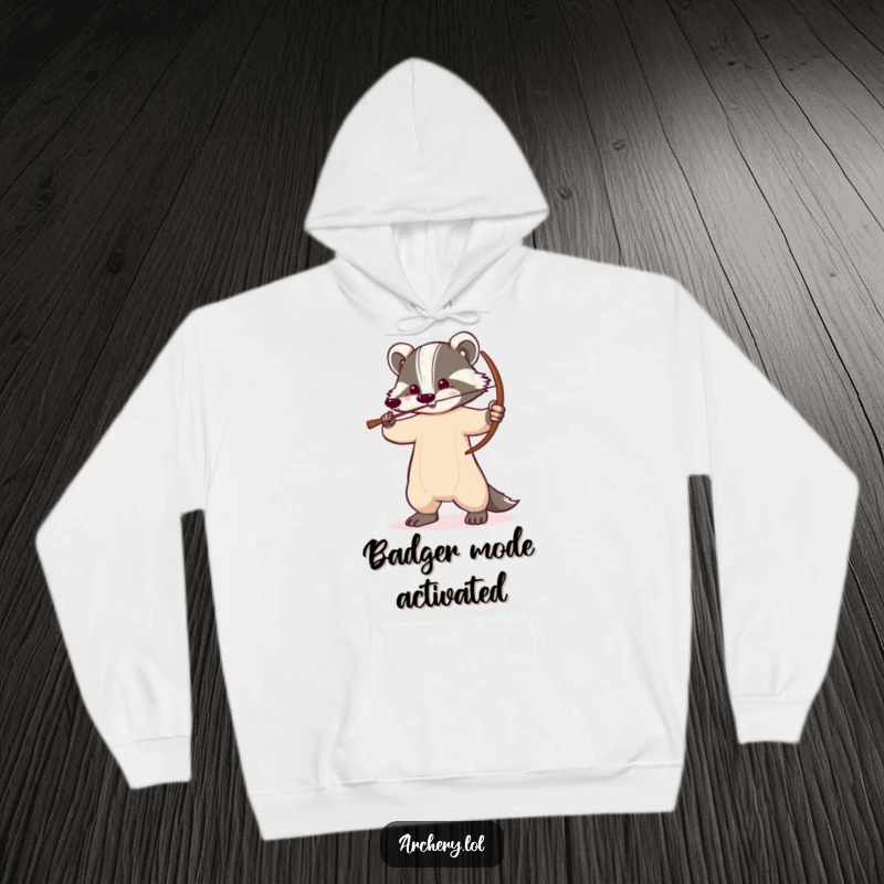 Funny badger hoodie showing a determined badger standing tall with a drawn bow, radiating focus and woodland strength.