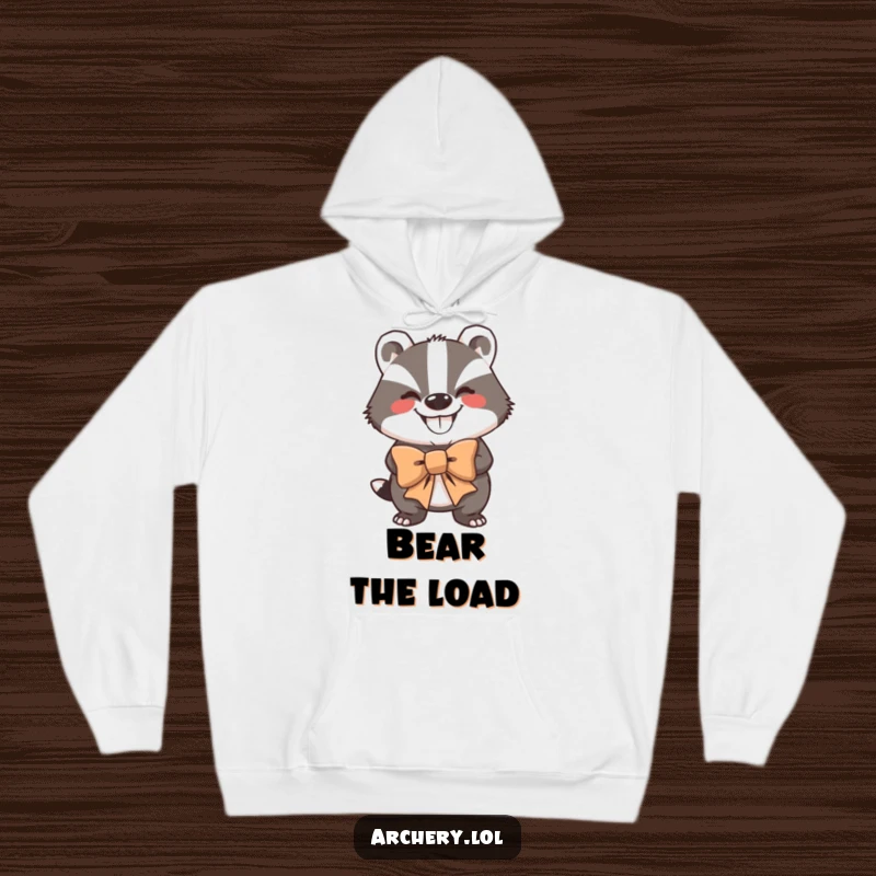 Funny Hoodie: A grinning badger holding a large bow, looking strong and ready for action.