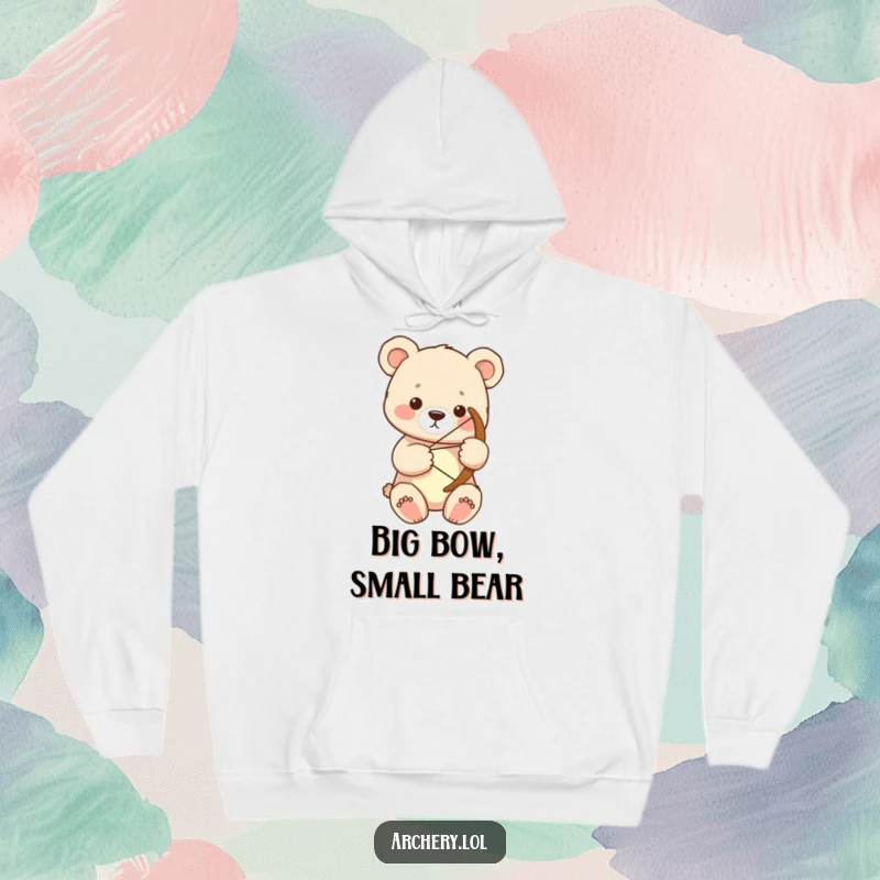 Funny bear cub archer hoodie with a focused cub holding a large bow, perfect for a cozy, humorous gift.