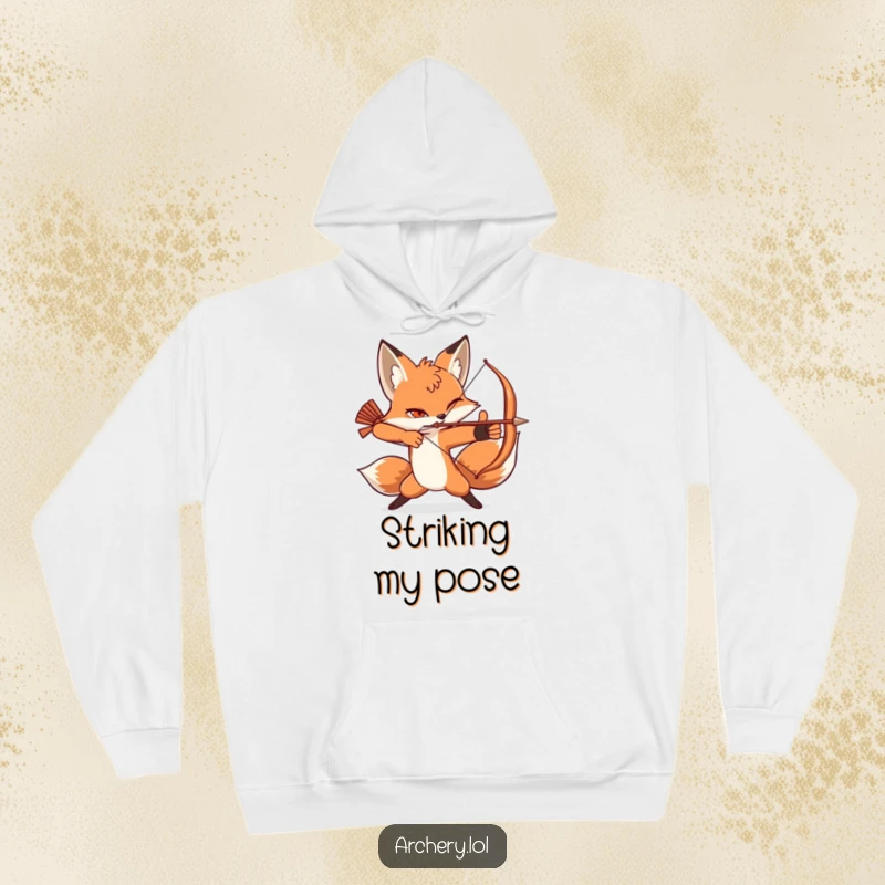 Funny hoodie showing a winking fox in a dynamic archery pose, exuding confidence and playful skill.