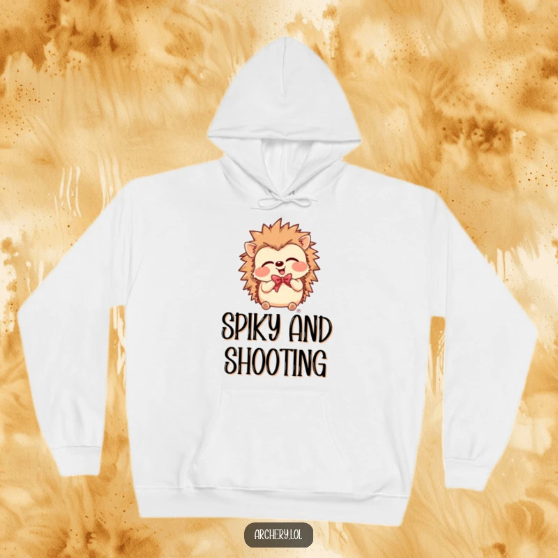 Funny Hoodie with a giggling hedgehog holding a bow, radiating warmth and playful archery spirit.