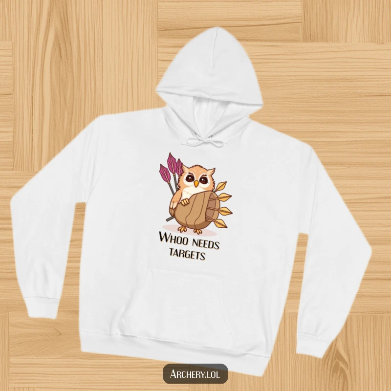 Funny giggling owl hoodie with a playful owl peeking from a quiver of arrows, cozy and humorous gift.