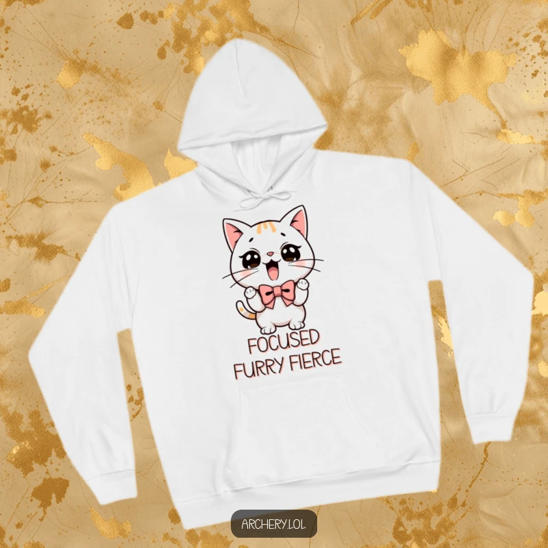 Funny hoodie design: A determined cat with prominent whiskers drawing back a bow with intense focus.