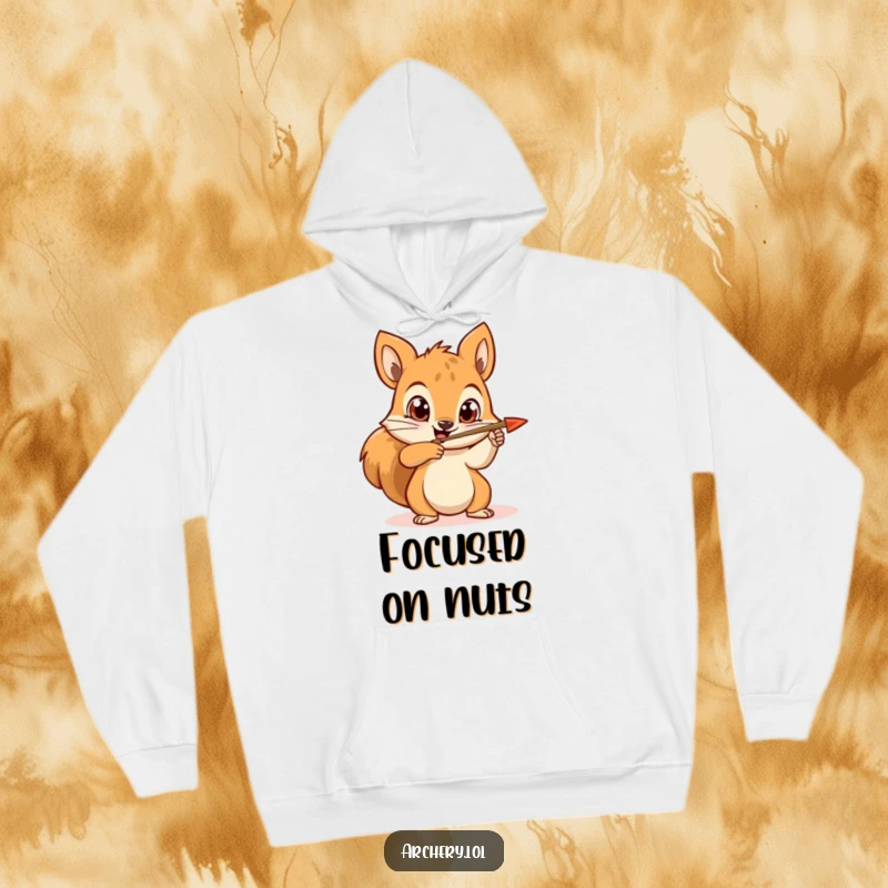 Funny squirrel archer hoodie featuring a happy squirrel aiming an arrow with determined eyes, great for comfort and warmth.