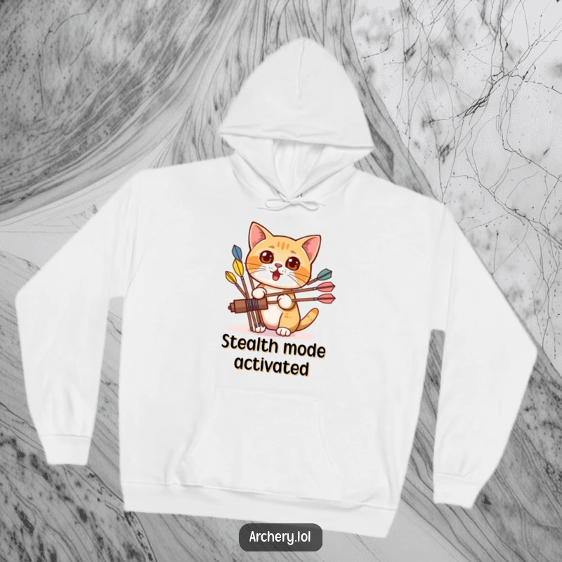 Funny hoodie depicting a surprised cat peeking from behind a quiver of colorful arrows, offering warmth and a hint of playful curiosity.