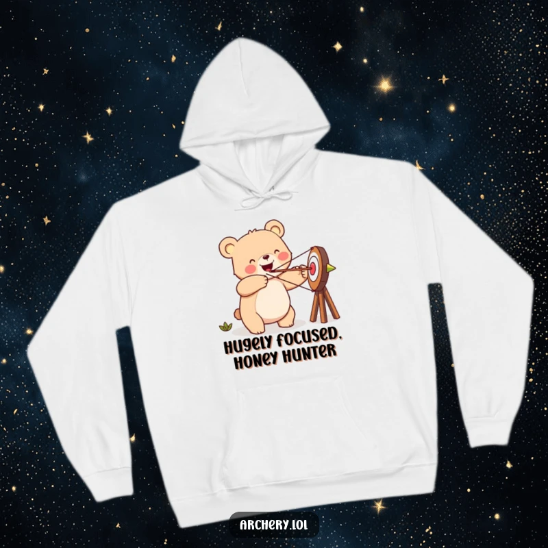 Funny happy bear hoodie, aiming an arrow at a target, with a joyful expression, cozy and warm.