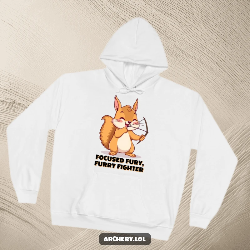 Funny squirrel hoodie, enthusiastic hunter drawing a bow with intense concentration, cozy and warm, perfect for cool days.