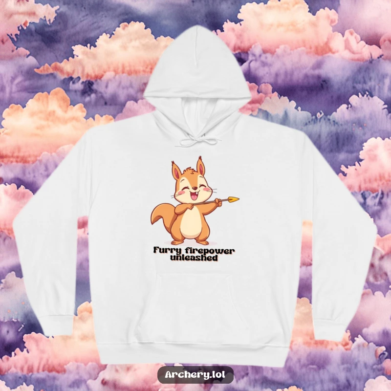 Funny Squirrel Archer Hoodie: A cheerful squirrel is shown letting loose an arrow with pure joy, a funny gift.