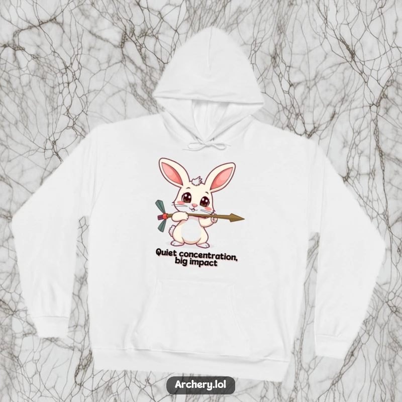Funny timid rabbit hoodie, wide curious eyes, gently aiming an arrow, soft and comforting for purchase.