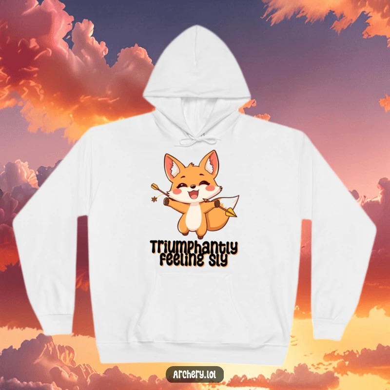 Funny fox archer hoodie with a happy fox releasing an arrow triumphantly, perfect for a humorous gift.