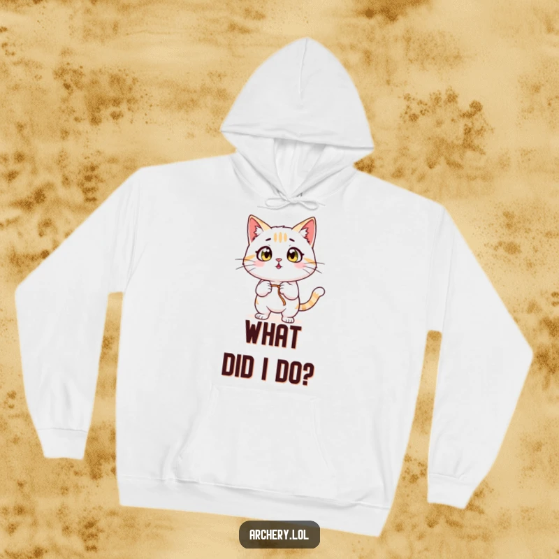 Funny Surprised Cat Hoodie: A wide-eyed cat, pulling back a bowstring in surprise, featured on a comfortable hoodie.