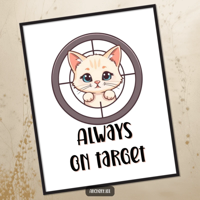 Funny Free Printable Wall Art: Curious cat peeking from behind a target, adding a mysterious and humorous touch.