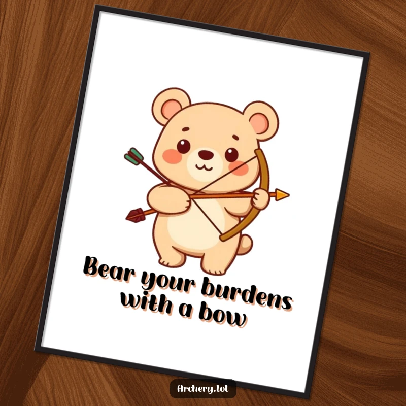 Funny Free Printable Wall Art of a smiling bear holding a bow and arrow, exuding pride and strength for wall decor.