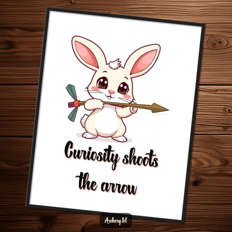 Funny Free Printable Wall Art: Timid rabbit aiming an arrow with wide, curious eyes, a charming and whimsical illustration.