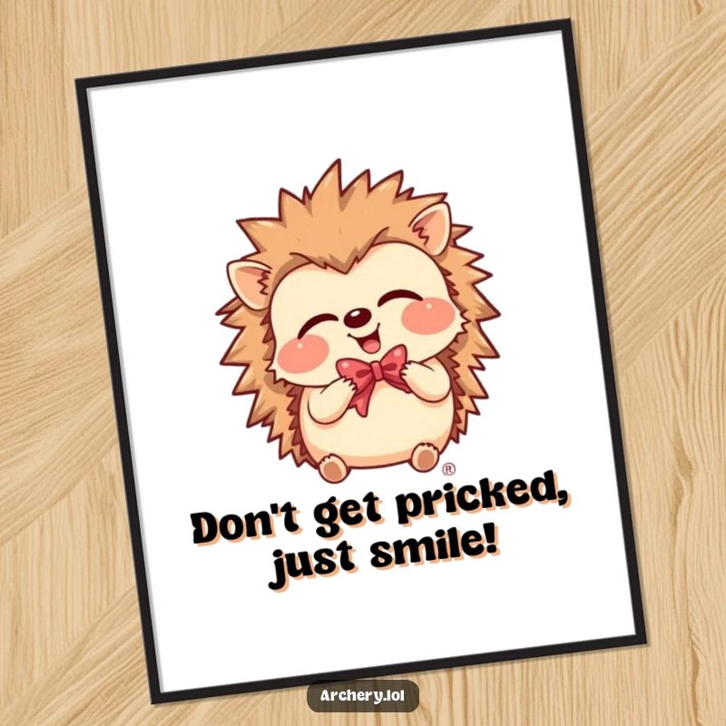 Funny free printable wall art of a giggling hedgehog holding a bow, radiating pure joy and playful energy.