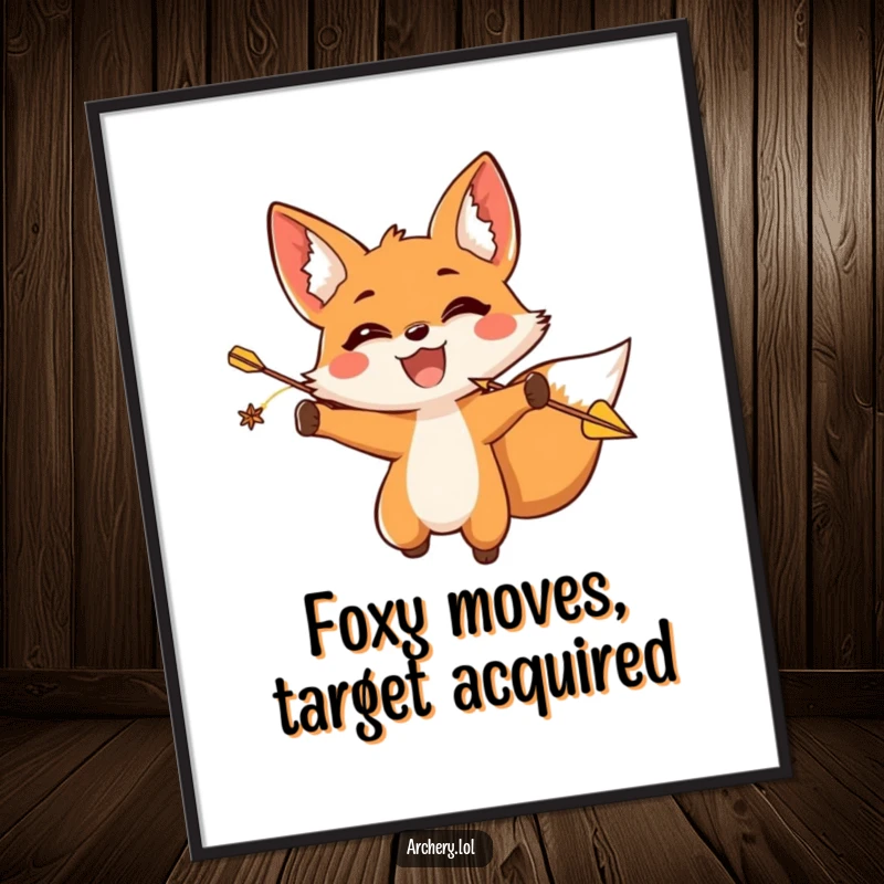 Funny Free Printable Wall Art: A happy fox with a triumphant expression releasing an arrow. Victory and humor!